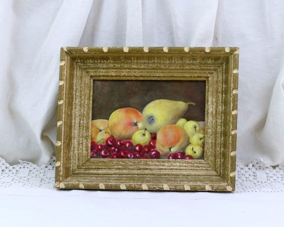 Vintage French Fruit Still Life Painting, Distressed Wooden Frame, Rustic Kitchen Wall Art, Hand Painted Apples Pears Cherries, Home Accent