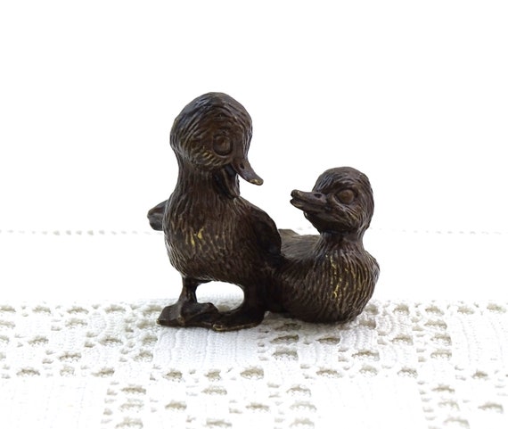 Vintage Couple of Small Cast Patinaed Bronze Metal Ducklings, Retro Duck Ornaments from France, Tiny Bird Figurines for Collection