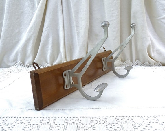 Vintage French Art Deco Wall Mounted Coat and Hat Rack, Retro Coat Hanger with 2 Hooks made of Wood with Silver Tone Metal, Industrial Decor