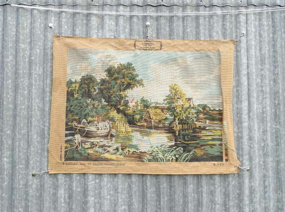 Large Vintage French Partially Done Embroidered Tapestry of the White Horse by Constable, Retro DMC Embroidery Canvas of Country Scene