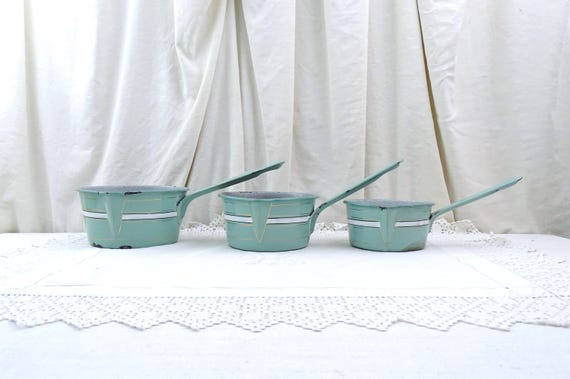Antique French Set of 3 Enameled Saucepans in Pale Mint Green with Gold and White Banding, Vintage Enamelware from France Pastel Color