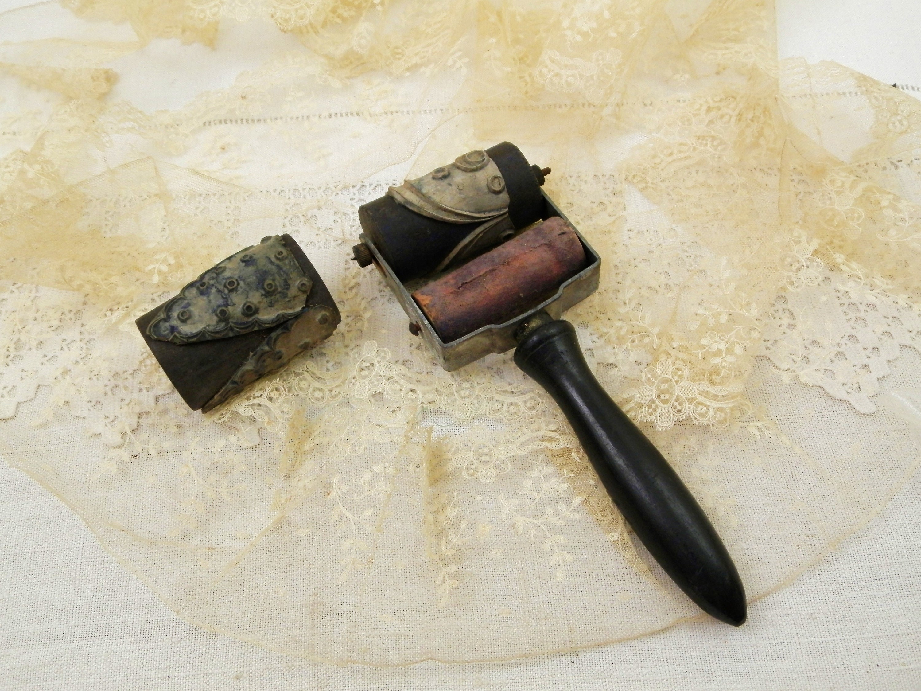 Large Antique French Working Linen Embroidery Ink Stamp Roller with 2