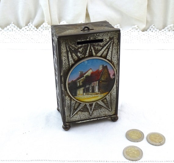 Vintage French Art Deco Souvenir Metal Piggy Bank / Coin Bank from Dives sur Mer with Image of Hostellerie Guillaume le Conquerant