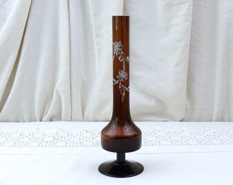 Vintage Mid Century Modern Glass Footed Bud Vase with Long Thin Neck and White Flower Pattern, Retro 1960s Homeware Glassware Floral Item