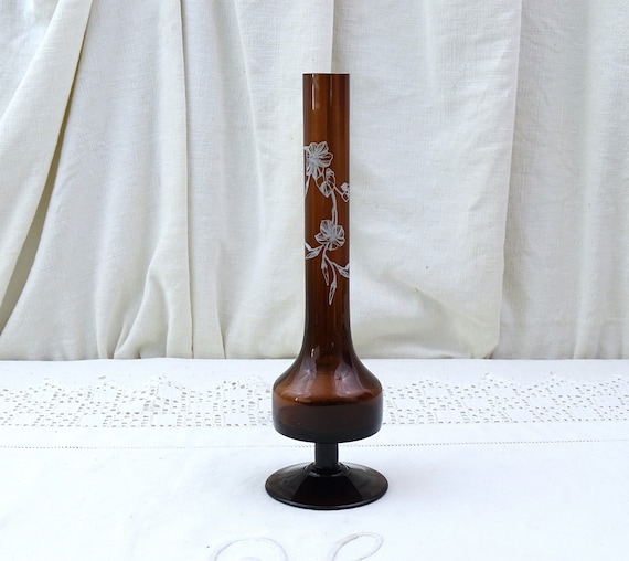 Vintage Mid Century Modern Glass Footed Bud Vase with Long Thin Neck and White Flower Pattern, Retro 1960s Homeware Glassware Floral Item