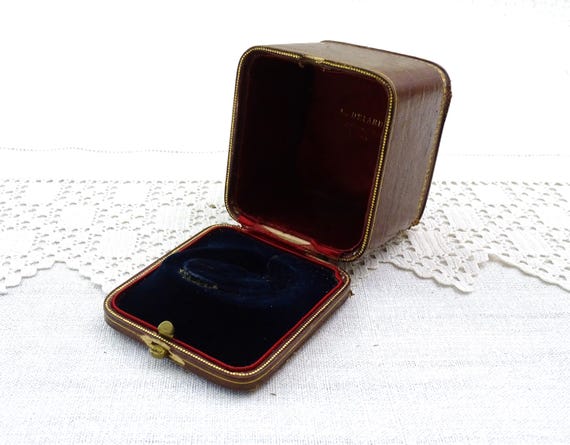 Antique French Square Shaped Leather Bound Jewelry Box for Pocket Watch with Blue Velvet Interior, Retro Presentation Storage Case France
