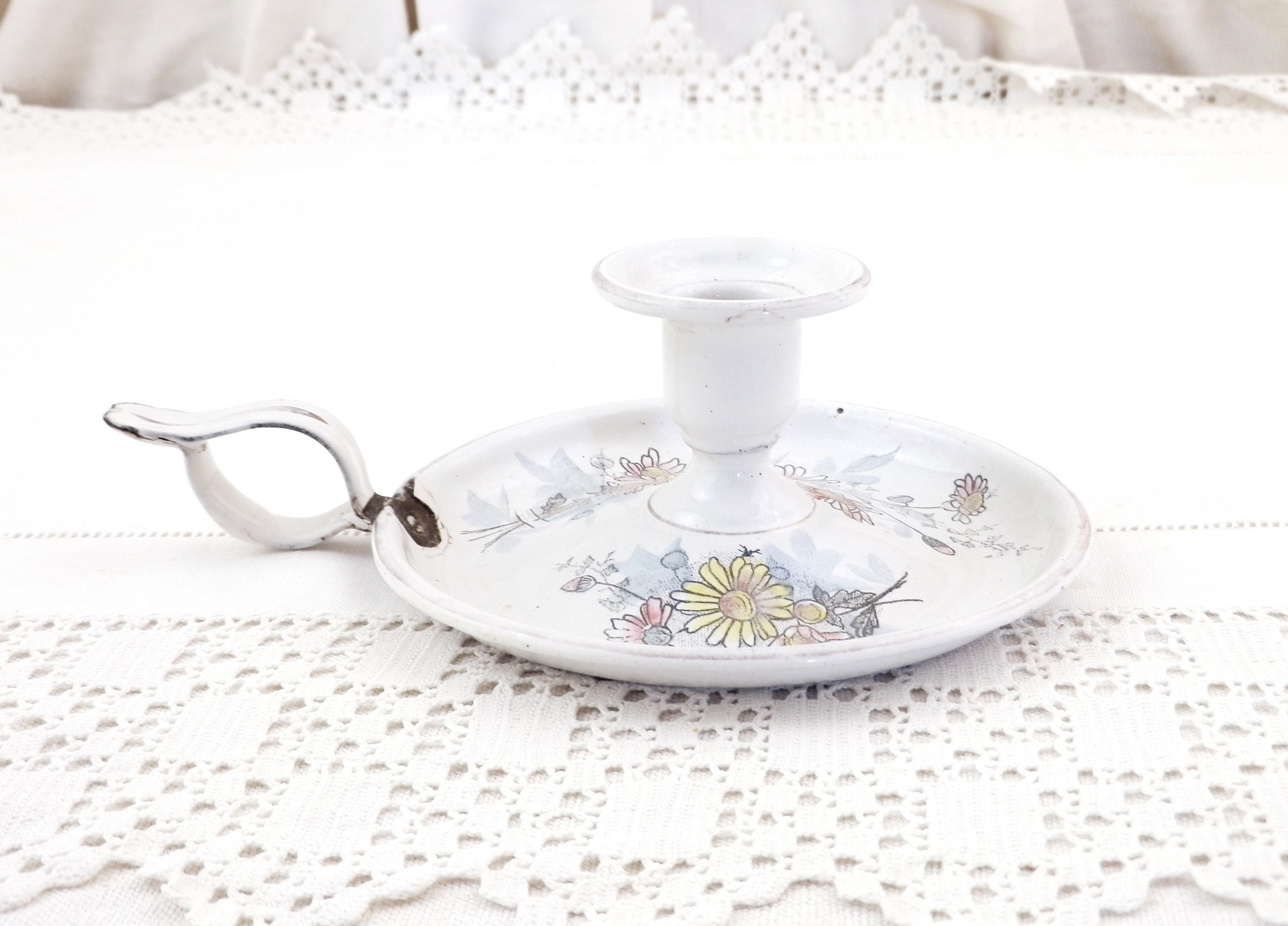 French Antique White Enamel with Flower Pattern Candle Holder, Retro