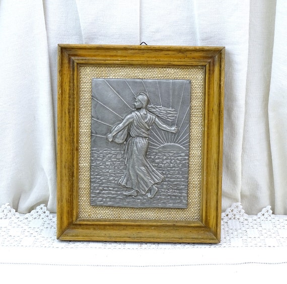 Vintage French Framed Embossed Pewter Reproduction Picture of the Sower by Oscar Roty Used on Money, Retro Country Farmhouse Decor France