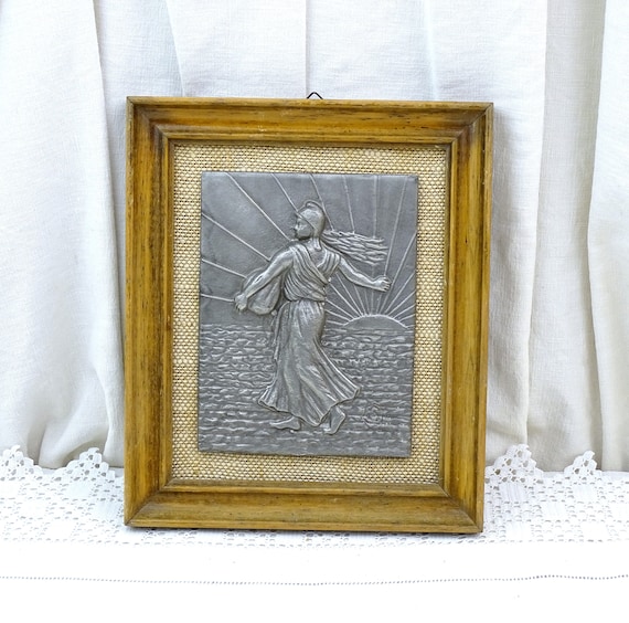 Vintage French Framed Embossed Pewter Reproduction Picture of the Sower by Oscar Roty Used on Money, Retro Country Farmhouse Decor France