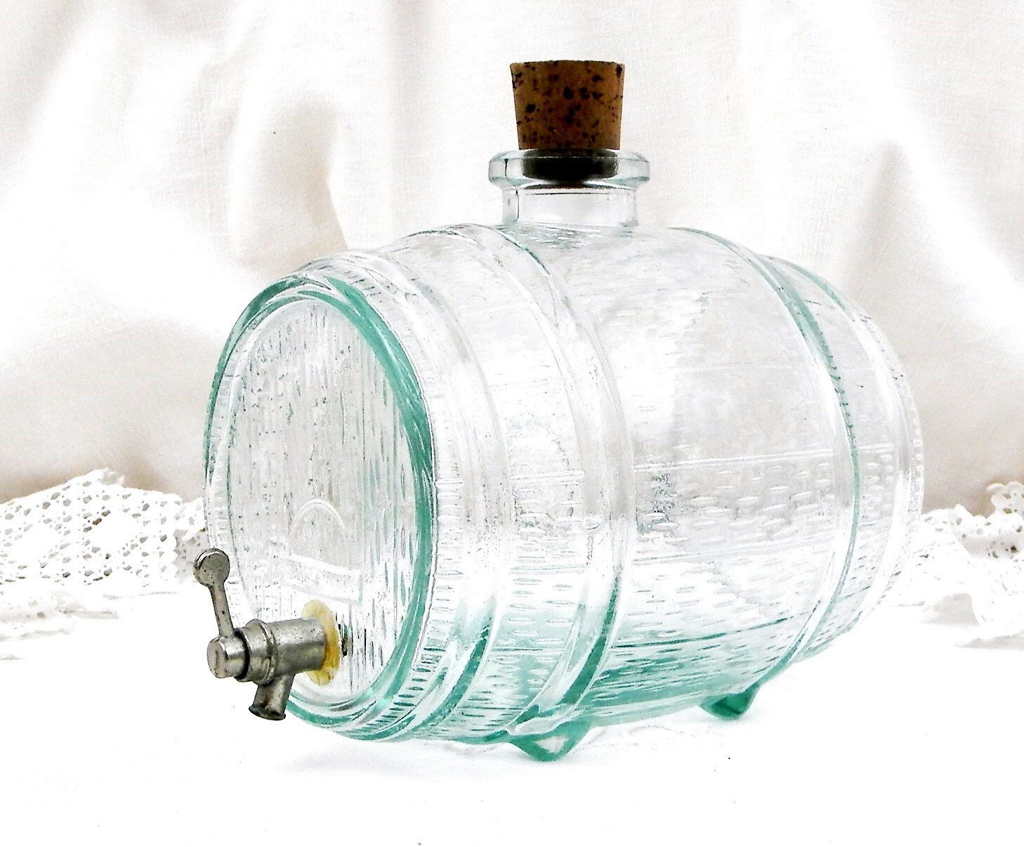 Vintage Mid Century Thick Glass Wine Barrel Shaped Bottle with Working