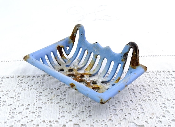 Antique French Chippy Pale Blue Enameled Wall Mounted or Free Standing Soap Bar Holder, Vintage Enamel Bathroom Soap Dish Accessory France