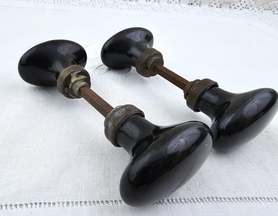 2 Sets of 2 Antique French Oval Black Ceramic Pottery Door Handles, Victorian Home Improvements France, Parisian Porcelain China Fixture Set