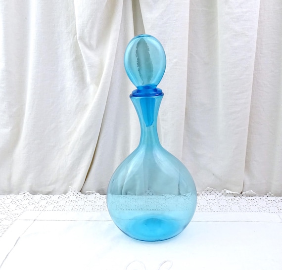 Large Thin Vintage Hand Blown Pale Blue Glass Empoli Style Decanter with Original Stopper, Retro Big Mid Century Italian Glassware Bottle