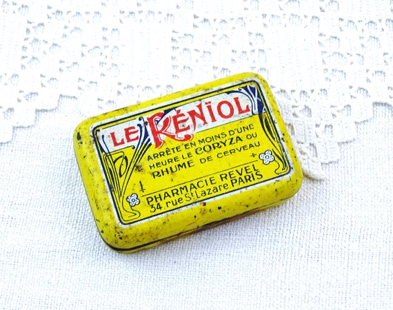 Small Antique French Bright Yellow Art Nouveau Metal Pill Tin Le Reniol with Belladonna, Vintage Collectible Box from France