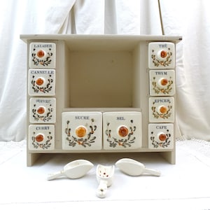 Vintage French Wall Mounted Spice Cabinet Rack Made of Wood with 10 Ceramic Drawers, Retro 1920s Kitchen Storage Furniture, Canister Set