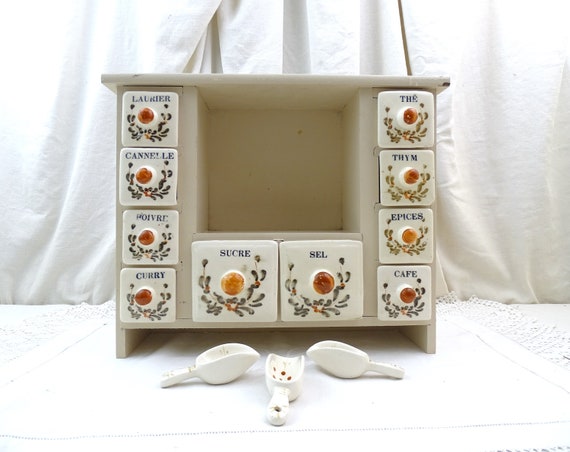 Vintage French Wall Mounted Spice Cabinet Rack Made of Wood with 10 Ceramic Drawers, Retro 1920s Kitchen Storage Furniture, Canister Set