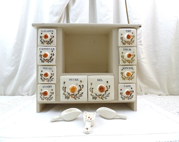 Vintage French Wall Mounted Spice Cabinet Rack Made of Wood with 10 Ceramic Drawers, Retro 1920s Kitchen Storage Furniture, Canister Set