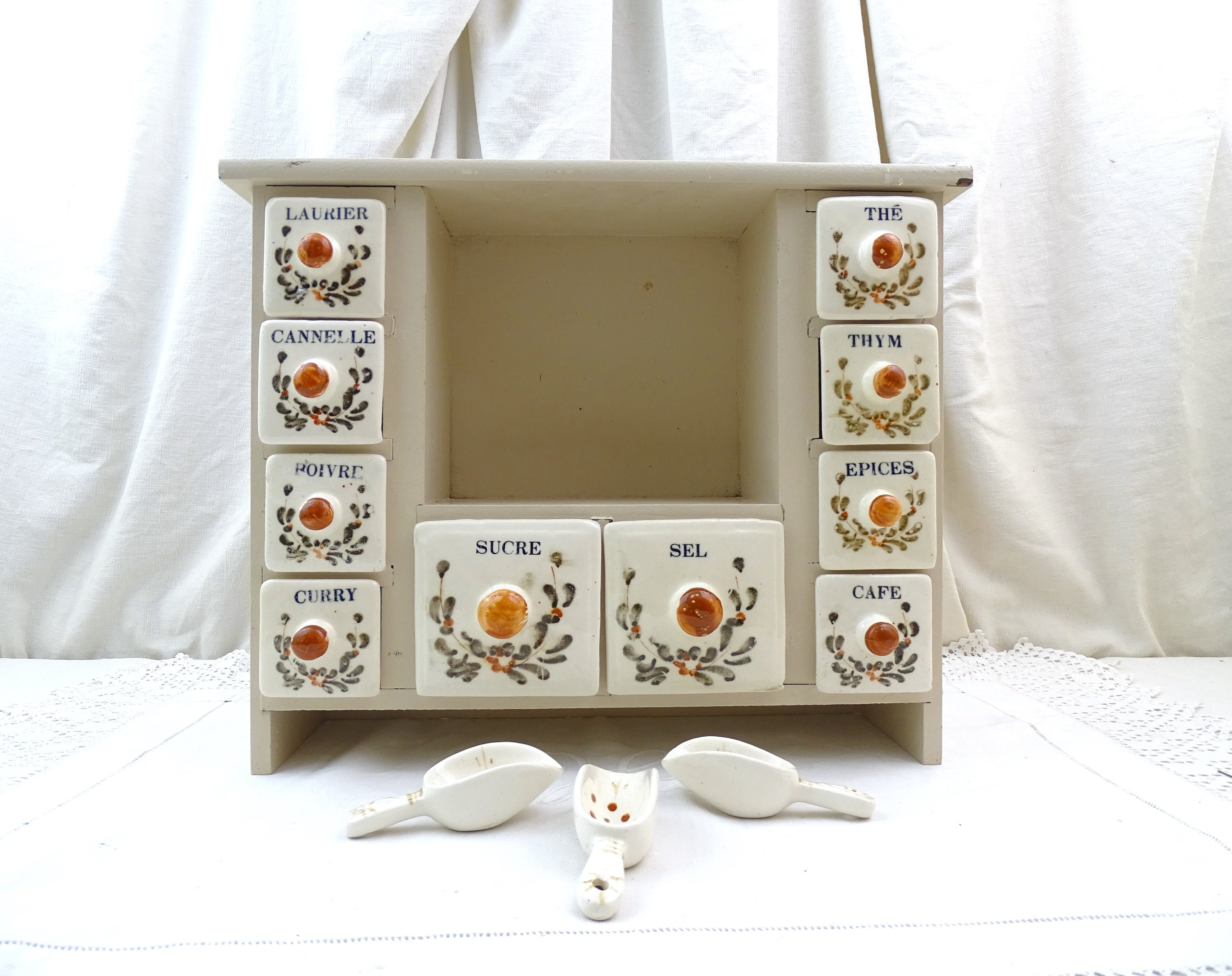 Vintage French Wall Mounted Spice Cabinet Rack Made of Wood with