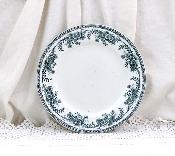 French Antique Blue and White Plate with Stylized Flower Pattern St Amand Christiane, Vintage Floral Transferware Botanical Themed Design