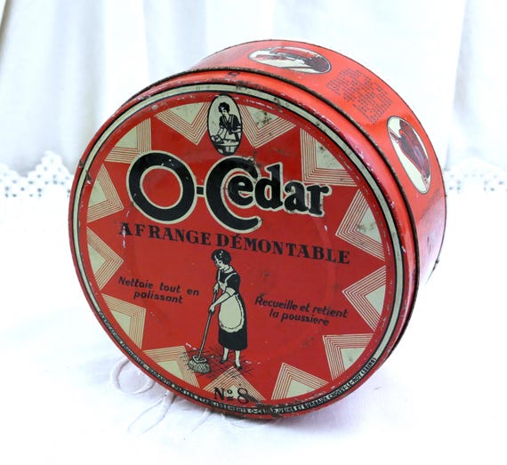 Antique French O Cedar Red Metal Lithographed Round Tin, Retro Collectible Cleaning Mop Home Accessory Decor, Old Style Housewife France