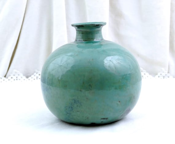 Vintage French Artisan Handmade Studio Pottery Round Turquoise Glazed Flower Vase, Retro China Floral  Arranging Accessory, Pot Bell Shape