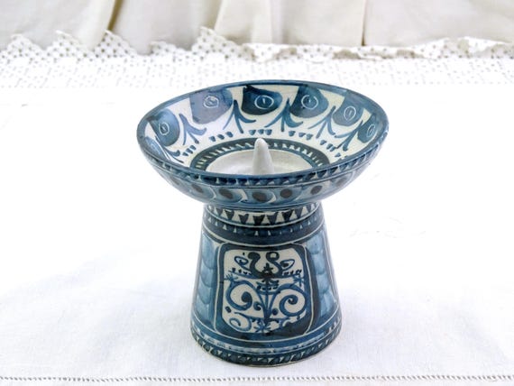 Vintage French Keraluc Mid Century Studio Pottery Candle Holder with Hand Painted Blue and White Pattern Artist Millot, Retro 1960s Breton