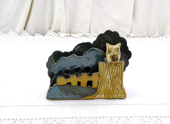 Vintage 1980s Art Pottery Desk Tidy with Owl on a Fence by Annette Christopher Albrighton Studio, Retro  English Ceramic Letter and Pen Rack