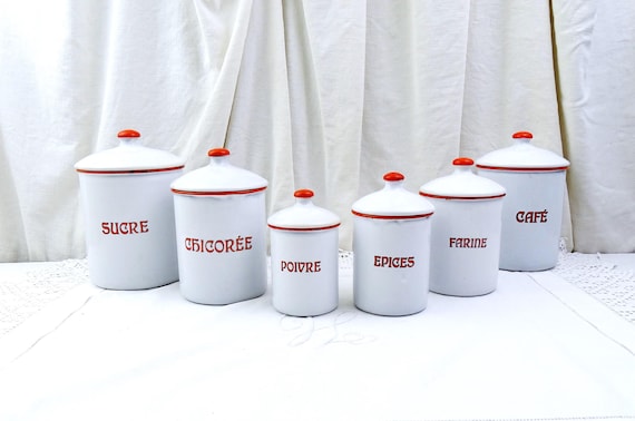 Antique Belgium 6 Piece White Enamel Canister Set with Red Art Nouveau Lettering, Vintage Country Farmhouse Kitchen Enamelware  Decor France
