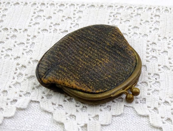Small Antique French Leather Coin Purse with Metal Clasp, Retro Woman's Handbag Accessory from France, Old Style Victorian Cash Holder