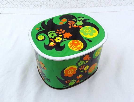 Vintage French 1960s Psychedelic Metal Tin with Funky Flower Pattern by Rubans Adhésif Scotch Sticky Tape, Retro Mid Century Decorative Box