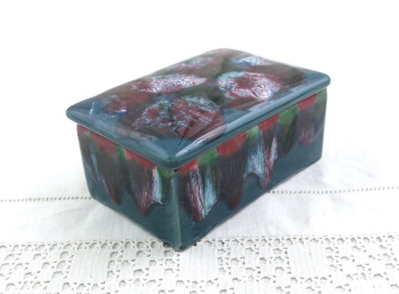 Vintage French 1930s Rectangular Studio Pottery Box with Colorful Drip Glaze Pattern on Blue Base, Retro Art Deco Jewelry Trinket Box France