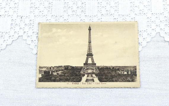 French Vintage Sepia Black and White Postcard of the Eiffel Tower, Vintage Photograph Parisian Monument, Vacation Holiday Souvenir France