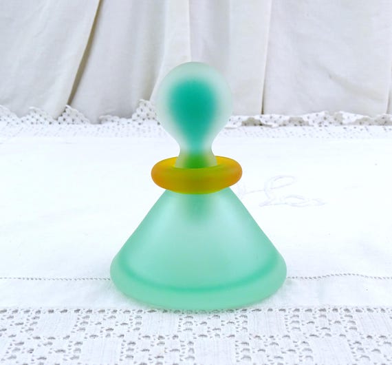 Vintage 1980s Green and Yellow Satin Glass Perfume Bottle with Stopper in the Style of Murano Franco Moretti, Retro Collectible Glassware