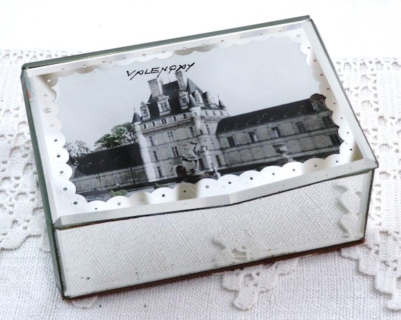 Small French Antique Mirror Souvenir Box from the Castle of Valencay in the Loire Valley, Vintage Jewelry Box from France, Brocante Decor