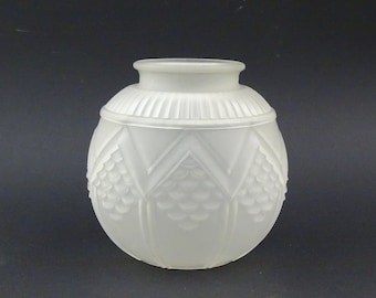 アールデコボール花瓶/ブルーすりガラス/レリーフ植物モチーフ