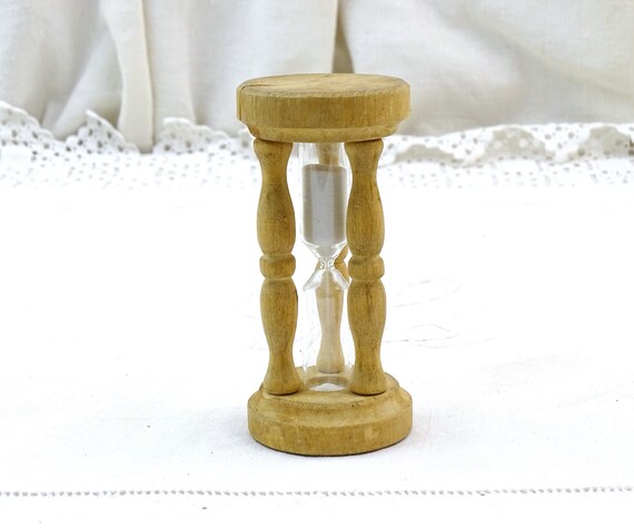 Vintage French Rustic Egg Timer with Bright White Sand  and Wooden Support, Retro Countdown Timer Farmhouse Kitchen Accessory from France