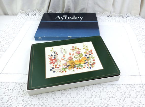 Vintage Boxed Set of 6 Aynsley Placemats Model Somerset with Wild Fruit Pattern Acrylic Finish Cork Backing, Retro Tableware Mats England