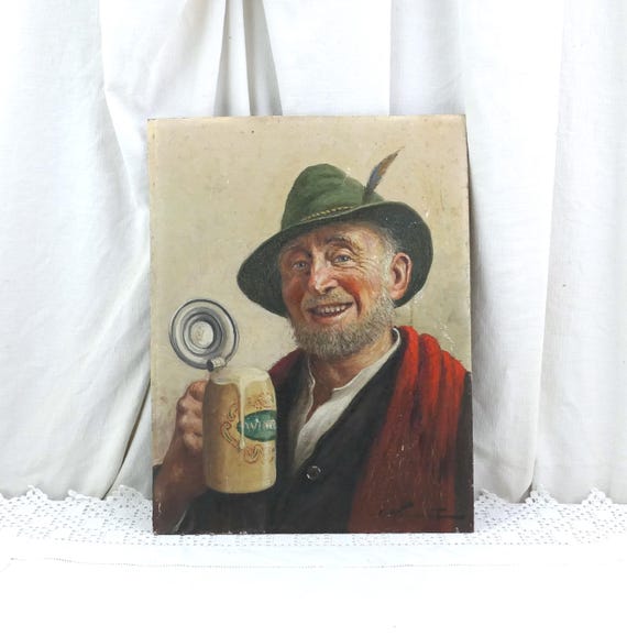Vintage Oil Painting of Bavarian Beer Drinker, Alpine Gentleman with Beer Stein, Retro German Folk Art Portrait, Tyrolean Tavern Wall Decor