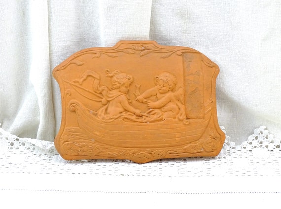 Antique French Pottery Plaque with 2 Cherubs / Children Fishing in a Boat, Vintage Ornamental Ceramic Decorative Flea Market Decor France