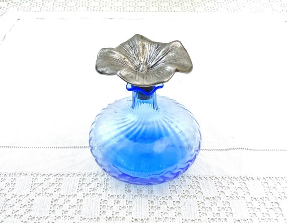 Vintage French Blue Glass Eau de Cologne Bottle with Pewter Flower Stopper, Retro Boudoir Scent Container with Floral Metal Lid from France