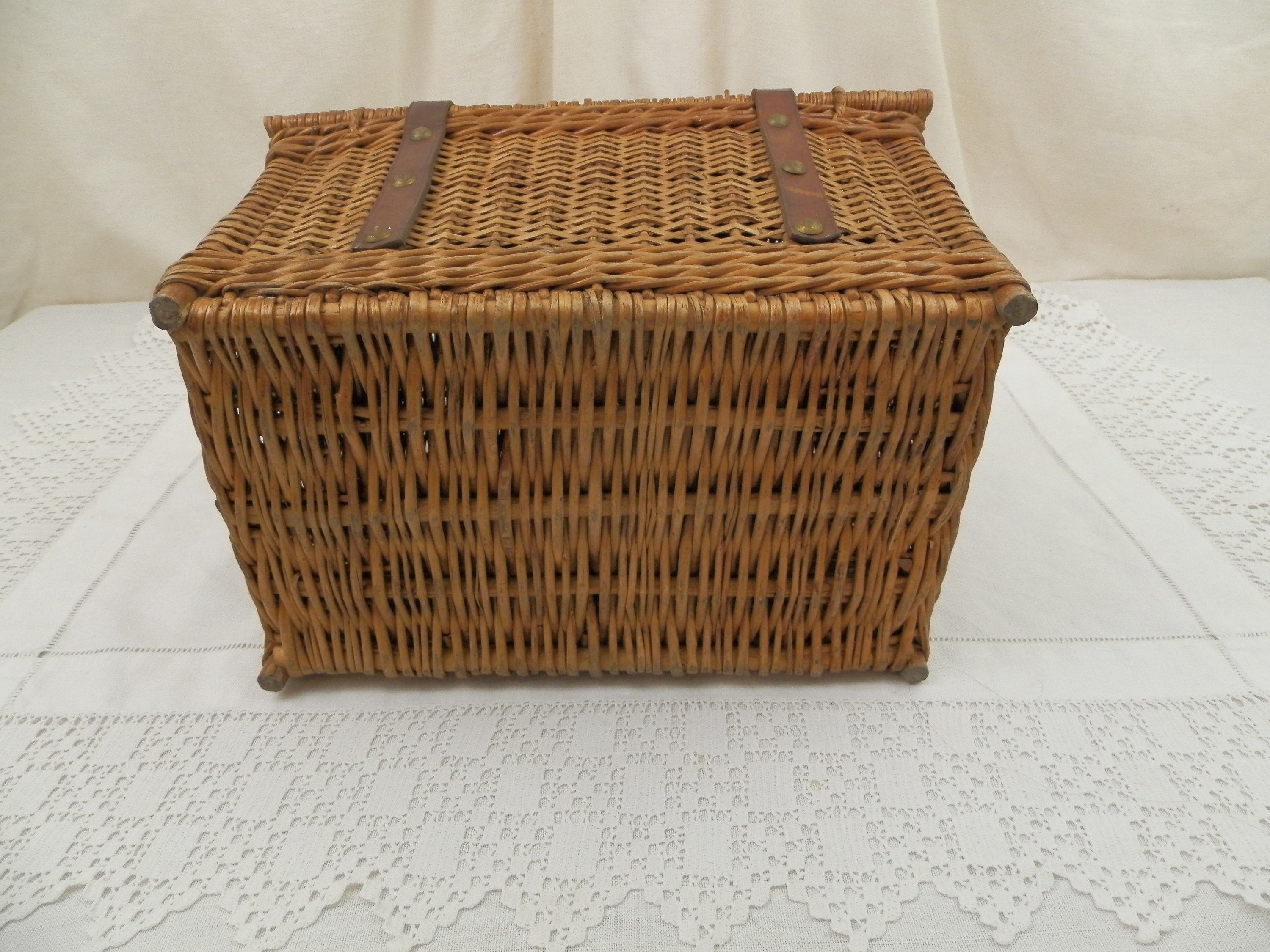 Antique French Wicker Picnic Basket by Champagne House Coste Folcher with Leather Handle and