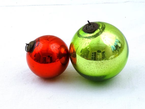 2 Antique German Kugal Green and Red Mercury Glass Christmas Ornaments, Vintage Glassware Winter Wonderland Xmas Decorations from Germany