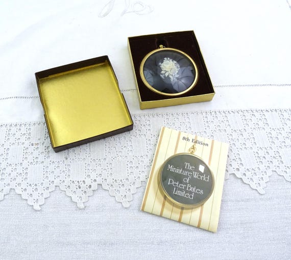 Small Round Vintage English Boxed Framed Peter Bates Cameo Rose Flower White on Black, Retro Miniature World Floral Wall Art England Frame