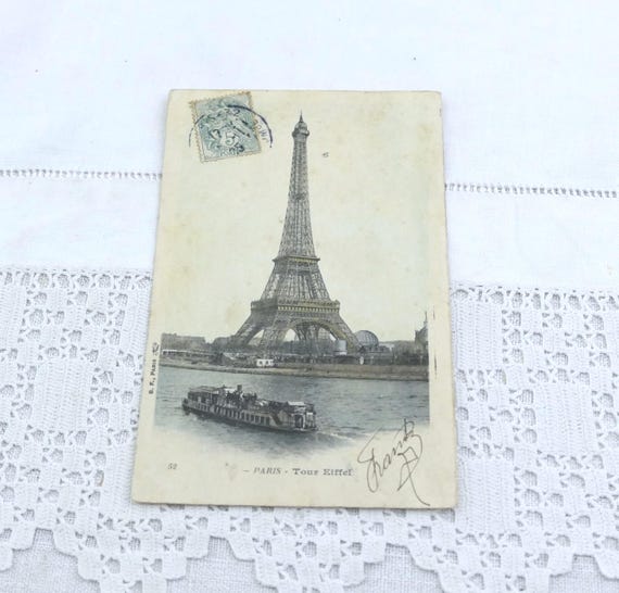 French Vintage Black and White Postcard of the Eiffel Tower in Paris and River Seine Posted in 1905,  Retro Picture of Parisian Monument