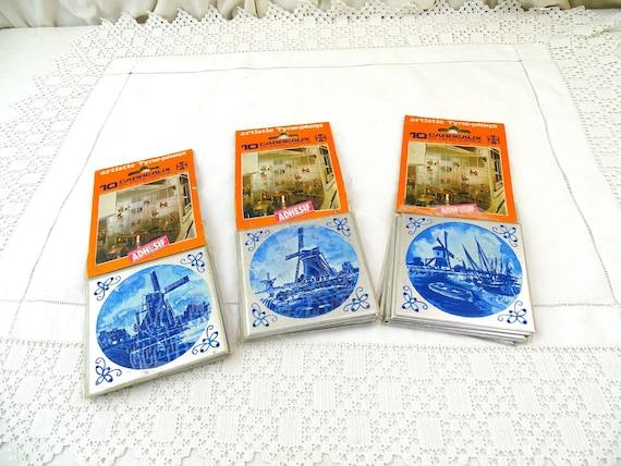 1 Packet of 1960s Vintage Unused 10 Adhesive Square Metallic Tyne Plaqs Wall Tiles with Blue and White Delf Design, Metal Dutch Splash Back