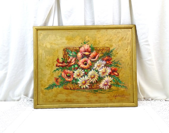 Vintage French Hand Painted  Floral Composition on Board Signed Oil Painting in Gold Colored, Retro Curio Flower Picture in Golden Color