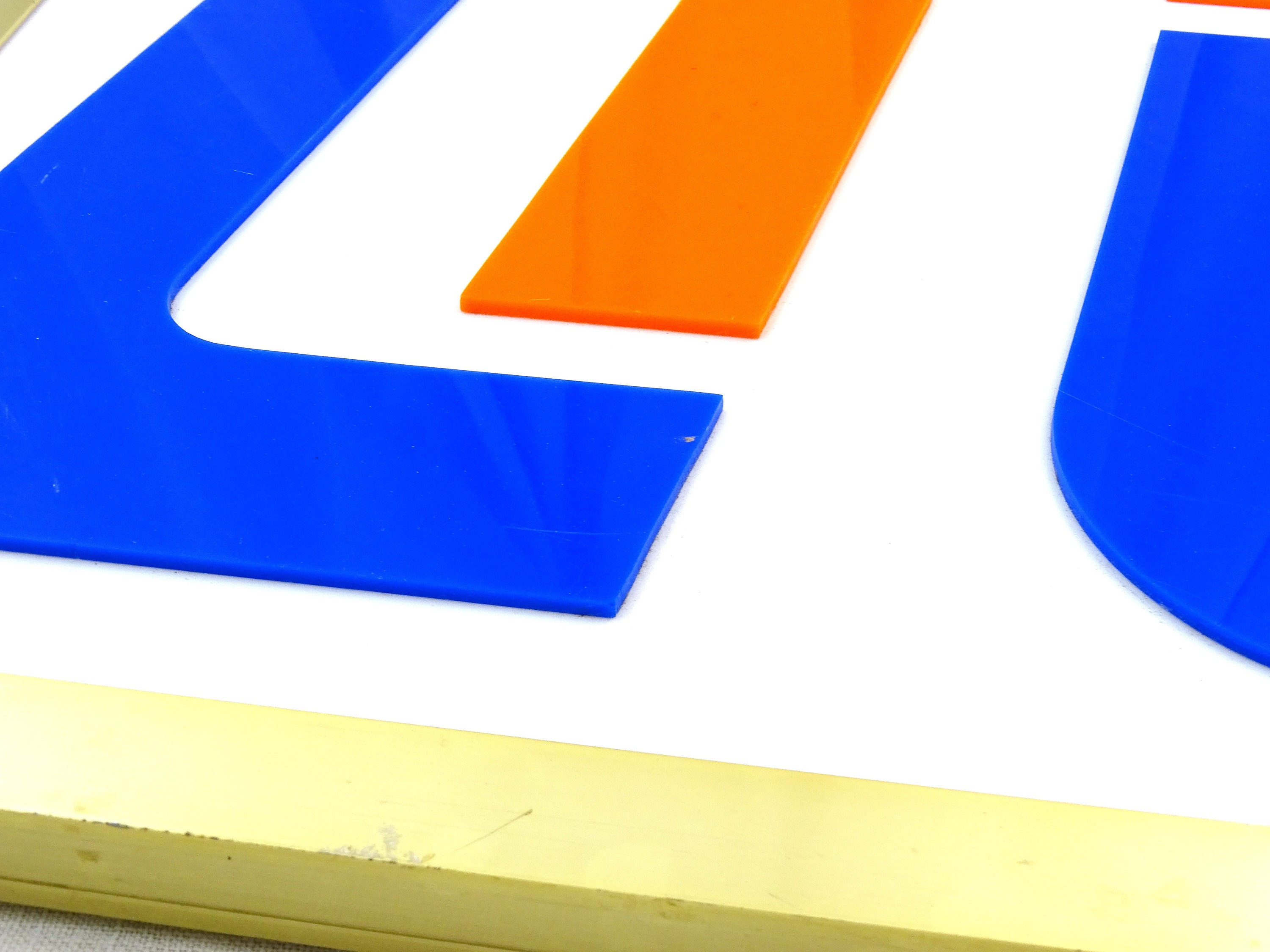 Vintage 1970s / 1980s French White Perspex Plastic Sign with Orange and