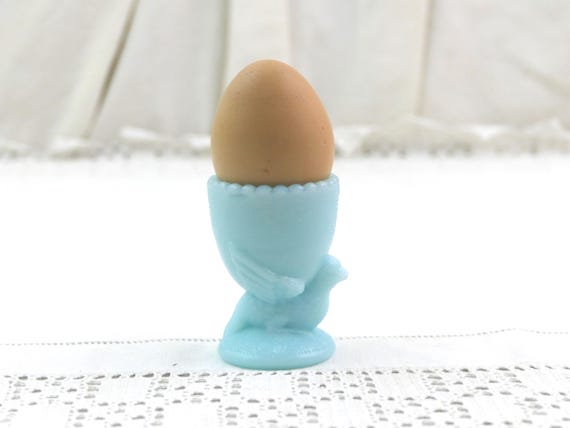 Vintage French Blue Opaline Glass Bird Egg Cup, Mid Century Chick Egg Holder, Figural Kitchen Collectible, Chicken Themed Kitchenware