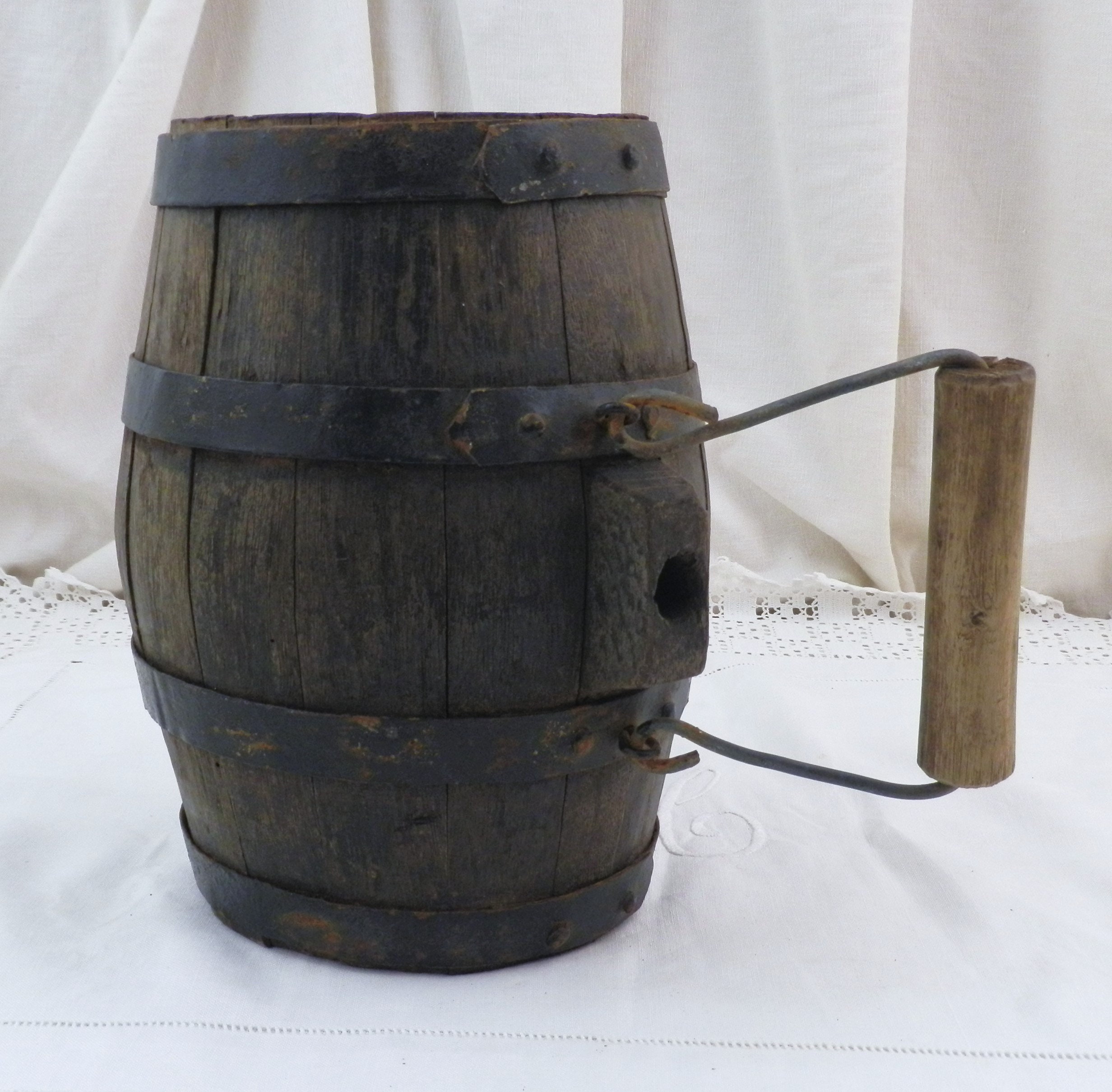Small French Antique Wooden Wine Barrel with Carrying Handle, Vintage Calvados Oak Keg from
