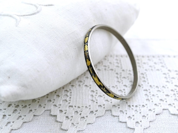 Simple Vintage Spanish Damascene Bangle Gold Inlay Black Enamel Birds & Flowers, Retro Handmade Toledo Jewelry Bracelet from Spain